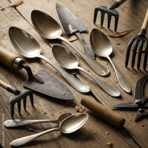 Vintage Gardening Tools Arranged on Rustic Wooden Surface.