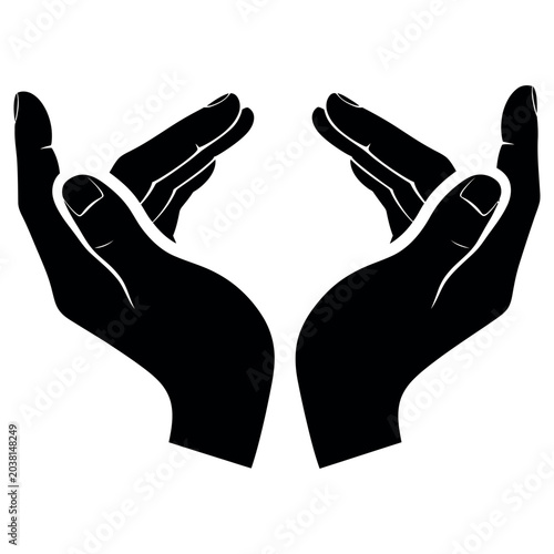 Cupped hands gesture showing a protective shape as a black silhouette icon for graphic design projects representing charity care support help safety sharing and human interaction in a minimalist style