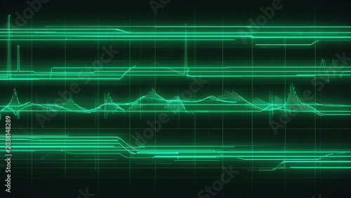 Digital data waves and abstract green signal lines on dark background