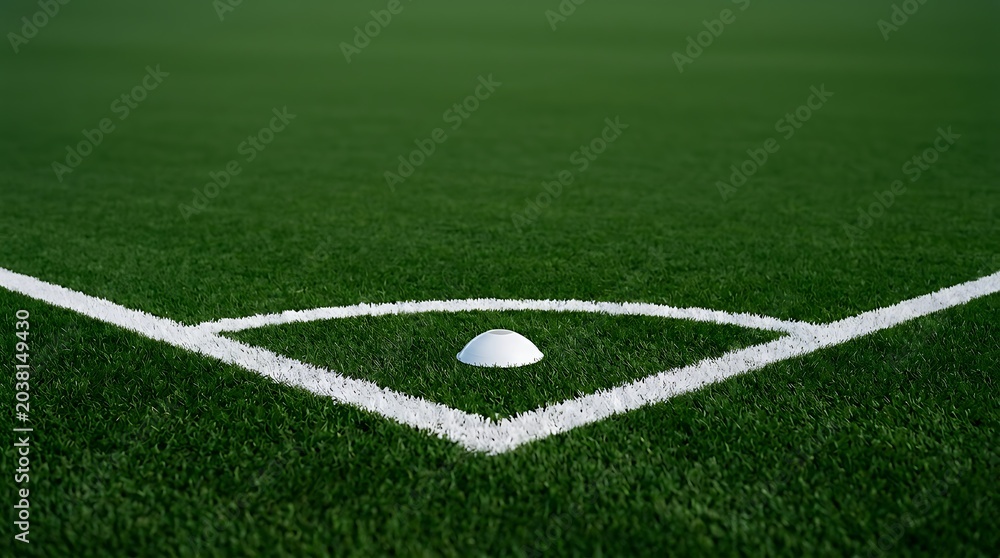 Obraz premium Baseball diamond corner on lush green field with chalk foul line and home plate
