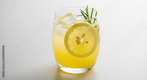 Refreshing yellow lemonade cocktail with ice lemon slice and rosemary sprig.