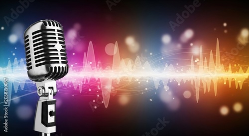 Vintage Microphone Captures Sound Waves with Colorful Background.