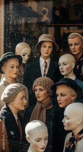 Vintage mannequins in a shop window, a nostalgic scene.
