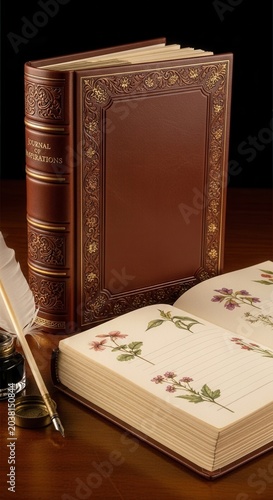 Vintage leather bound book with quill and inkwell on wooden table.