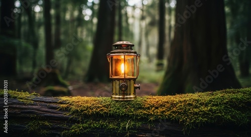 Vintage Lantern Illuminates Forest Floor in Moody Woodland Scene.