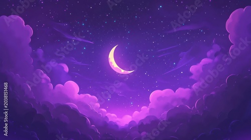 Purple Nightscape: Crescent Moon above a Sea of Clouds
