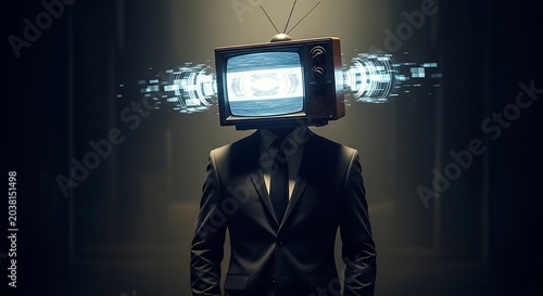 Professional Figure with Tv Head in Suit in Dark Studio