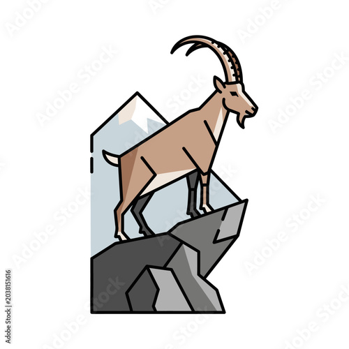 Alpine Ibex Standing on Rocky Mountain Peak, Geometric Vector Art