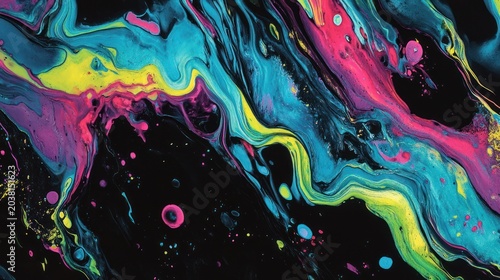 Abstract Neon Swirl: A vibrant, dynamic artwork featuring a mesmerizing blend of neon colors creating a fluid, swirling pattern on a dark background.