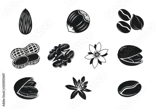 Black and white illustration of various nuts and spices