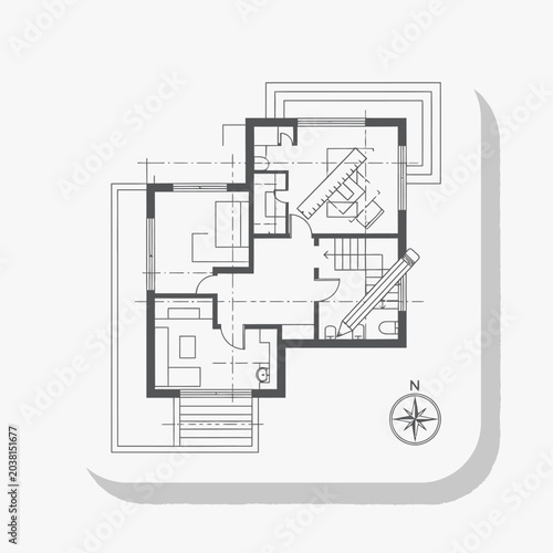 Architectural Blueprint of Modern House Floor Plan with Pencil and Ruler