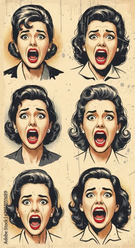 Vintage Illustration of Women Screaming in Fear and Horror.