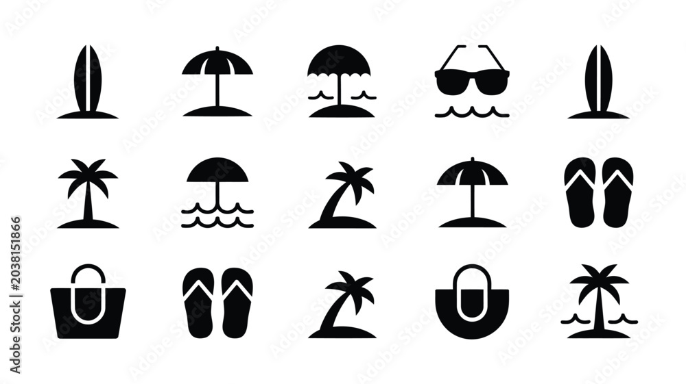 Fototapeta premium Beach icon set with surfboard umbrella palm tree sunglasses flip flops and beach bag.