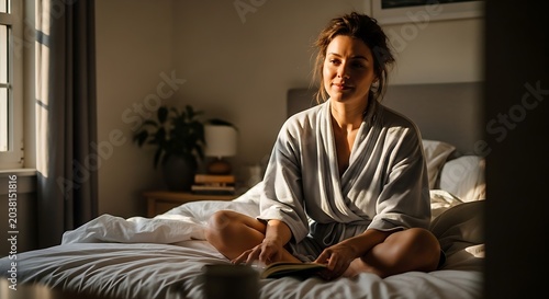 Relaxed Woman Reading Book in Bed with Soft Morning Light