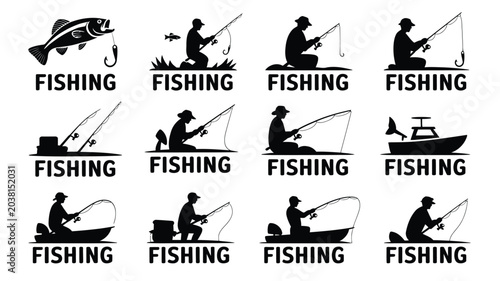 Bild auf Leinwand Fishing silhouette icon set with anglers fishing on water and boats vector illustration on white background