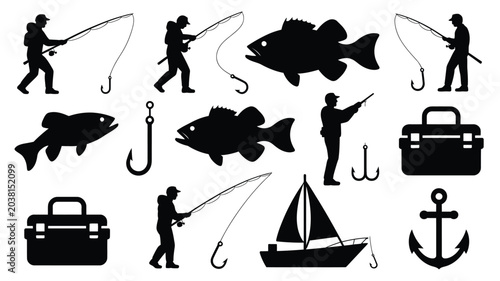 Fishing silhouette icon collection featuring fishermen with rods boats and nautical gear.