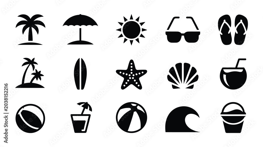 Fototapeta premium Collection of summer beach and travel icons in vector on white background.
