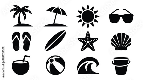 Fotografía Beach and summer vacation icon set in vector format on white background