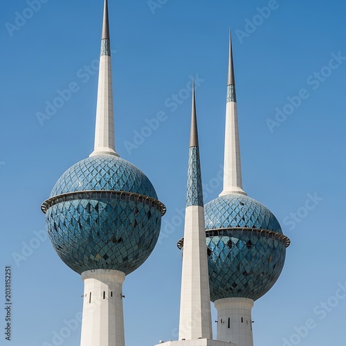 Shimmering Blue Geodesic Spheres with Tall Spires Against Clear Sky