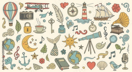 Vintage Hand-Drawn Collection of Travel and Adventure Elements.
