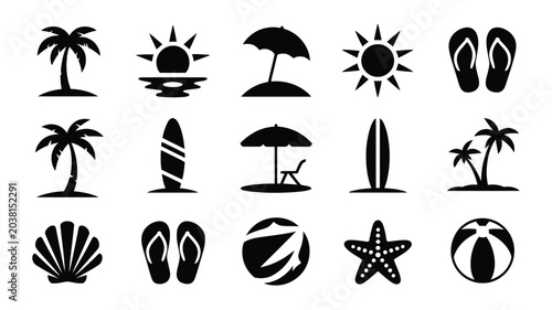 Photos Summer beach holiday icons featuring palm trees sun surfboards flip flops and beach balls