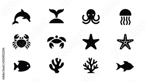 Photography Various marine animals and ocean life silhouette icons set for graphic design projects art