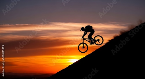 Silhouetted Mountain Biker Jumping Against Sunset
