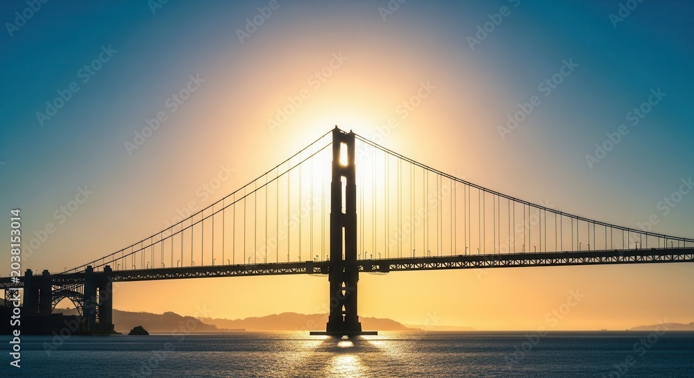 Obraz premium Golden Gate Bridge Silhouette at Sunset with Sunburst.