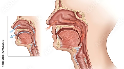 Anatomical cross section of human airway and nasal breathing