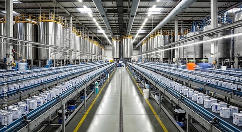 Industrial factory production line with rows of metal containers on conveyor belts in a large manufacturing facility