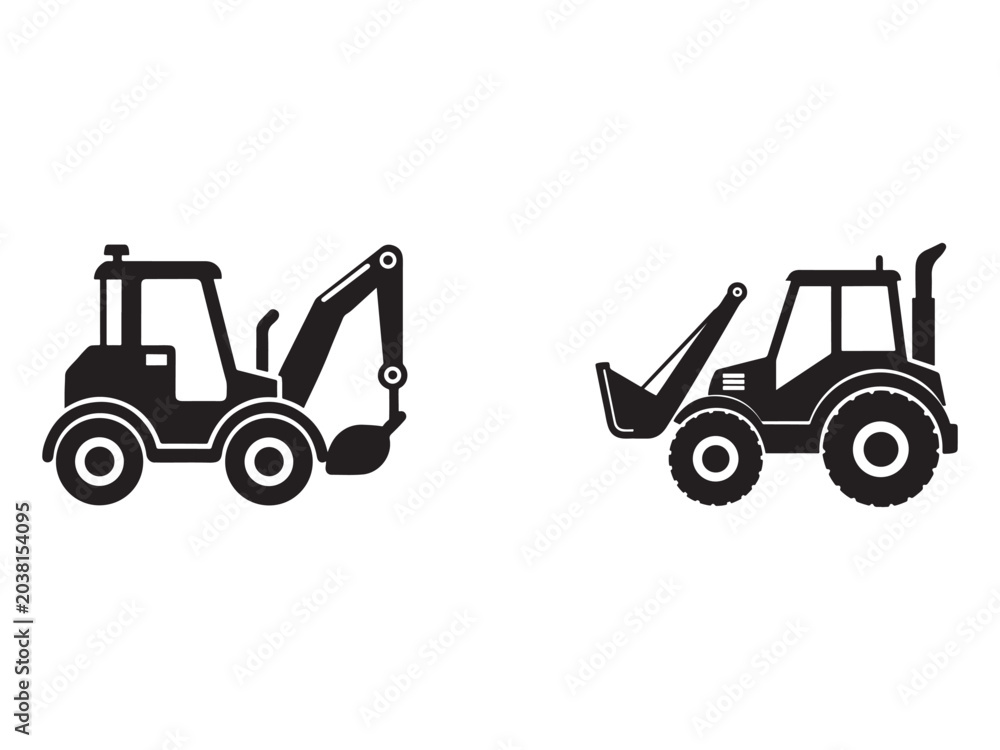 Naklejka premium Two black silhouette construction vehicles with large wheels and buckets for digging and moving earth side by side on white background