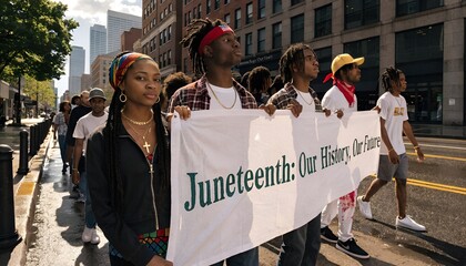 Juneteenth Celebration: Diverse Young People March with Banner in Urban Street