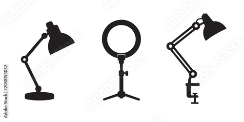 Fotografie Black Silhouette Set of Desk Lamps in Various Styles