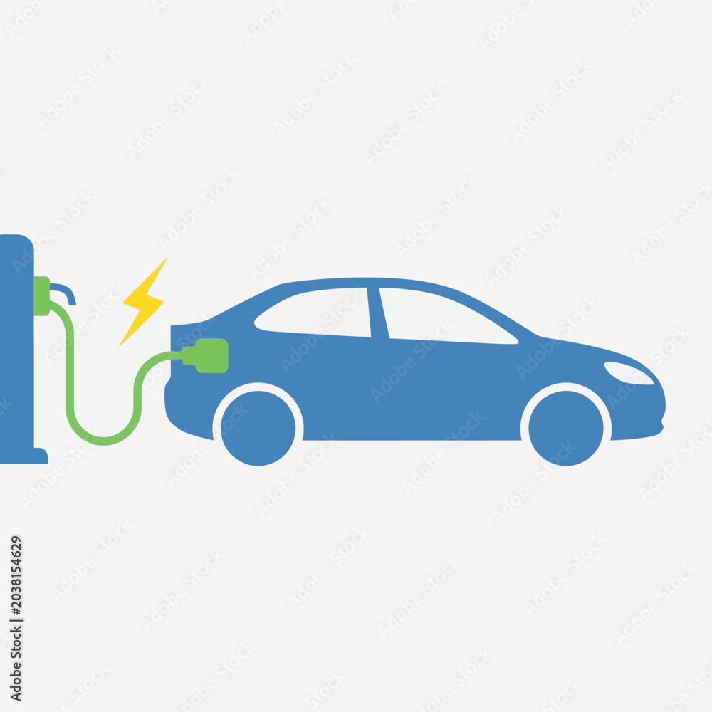 Naklejka premium Blue electric car charging at a station with lightning bolt symbol