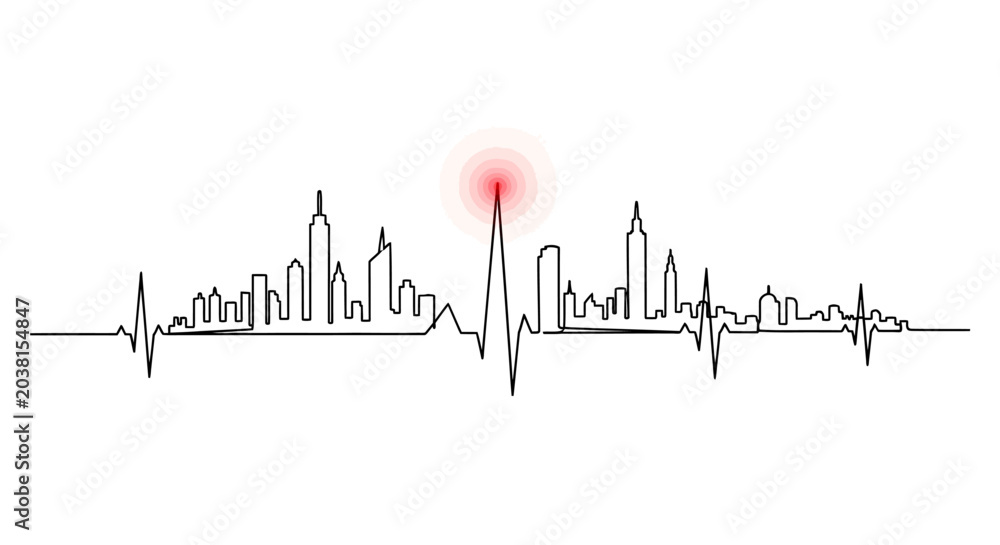 Fototapeta premium City Skyline Heartbeat EKG Line Art, Urban Life Pulse, Modern Cityscape Concept