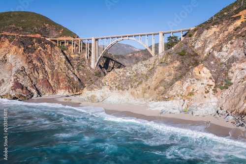 Aerial view of the coastline of the Bixby Creek Bridge on Highway 1 in California, USA.