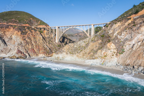 Aerial view of the coastline of the Bixby Creek Bridge on Highway 1 in California, USA.