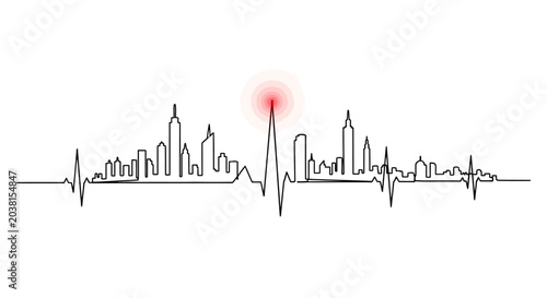 Fotografi City Skyline Heartbeat EKG Line Art, Urban Life Pulse, Modern Cityscape Concept