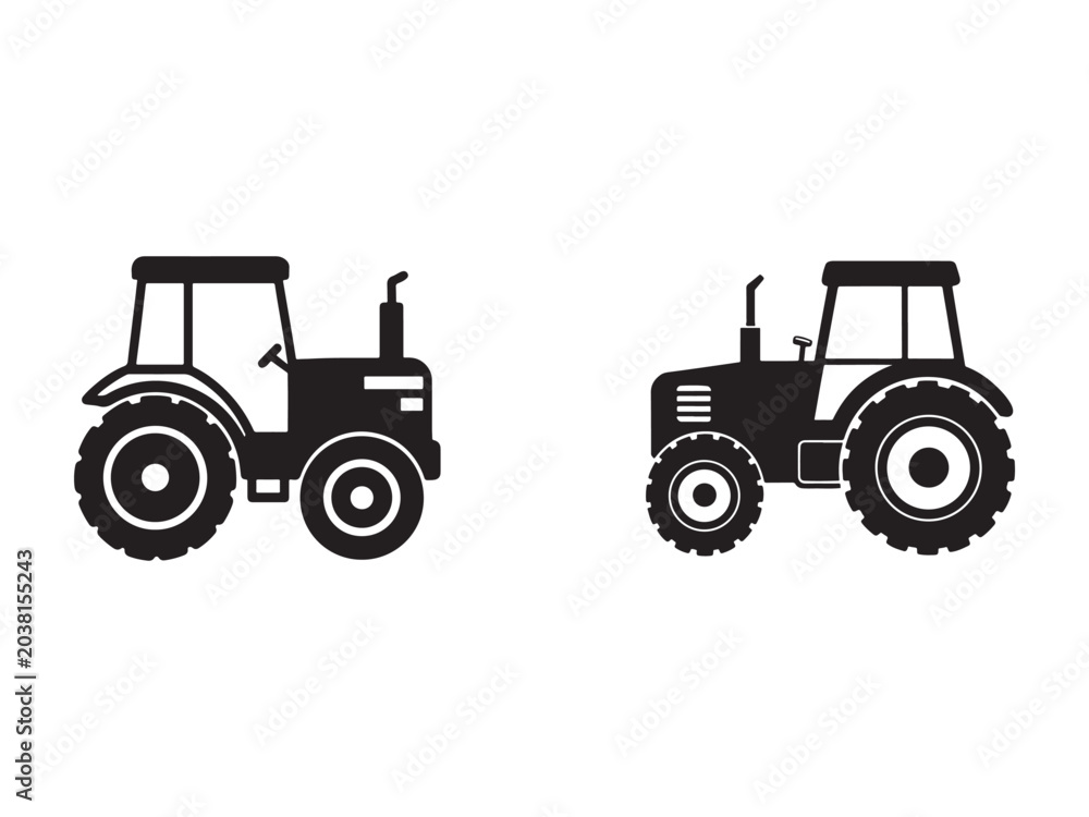 Obraz premium Two black tractor silhouettes side by side on white background for illustration and design use