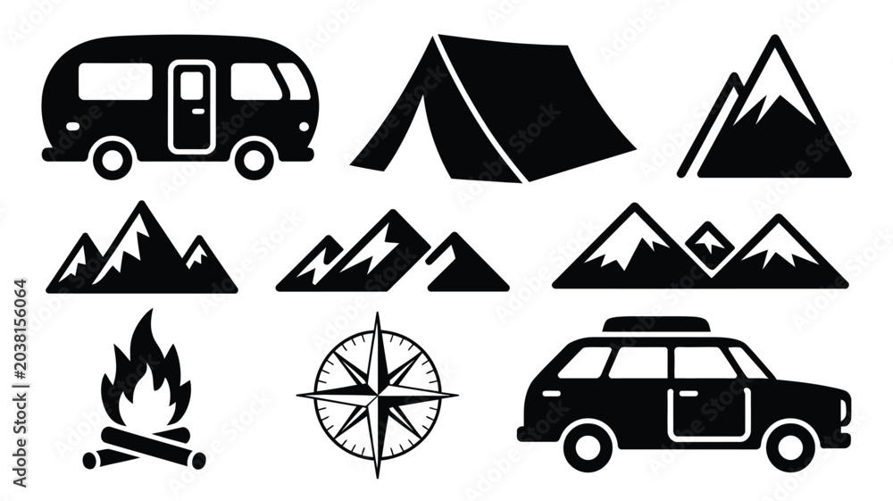 Naklejka premium Camping and outdoor adventure icon set with camper van tent mountains campfire and compass.