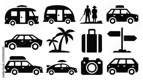 Foto Summer vacation icons set with camper vans traveling cars luggage people and cameras set