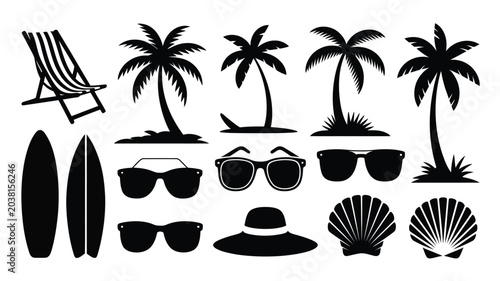 Canvastavla Set of black silhouettes of summer beach and vacation items illustration design element