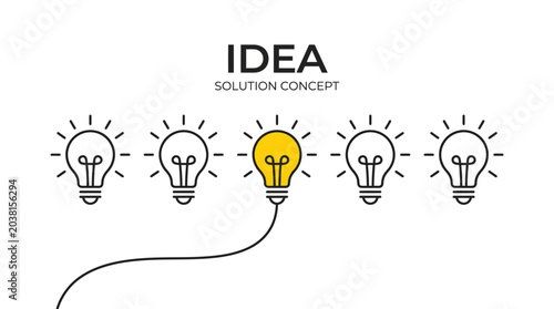 Five thin line light bulb icons showcasing one bright glowing yellow bulb for creative ideas