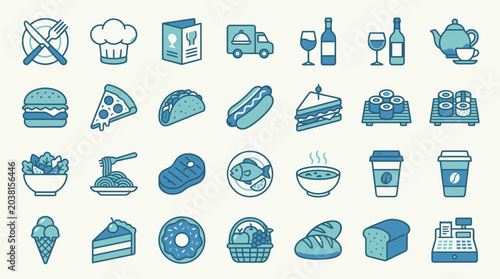 Food, Culinary, and Restaurant Menu Line Icons Collection