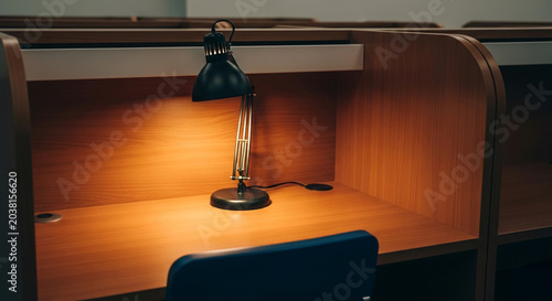 Desk lamp illuminating empty modern study cubicle in a quiet library environment