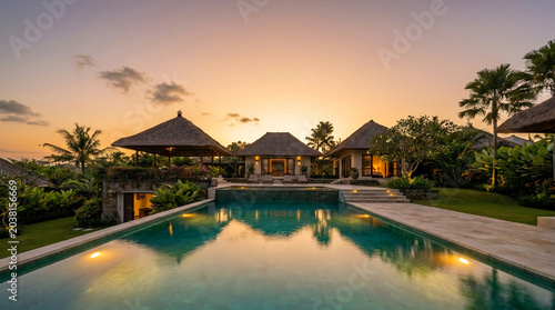 Luxury resort villas with stunning infinity pool reflecting tropical sunset glow