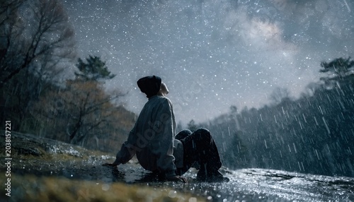 Woman and dog watching starry rainy night sky from wet ground