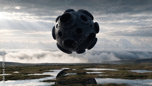 Mysterious alien sphere hovering over desolate landscape with dramatic clouds