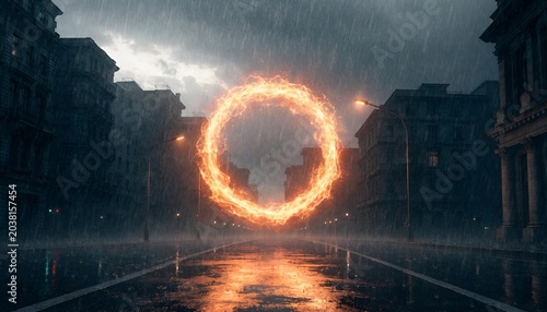 Fiery Portal Opens on Rainy City Street, Mystical Energy, Urban Magic, Sci-Fi
