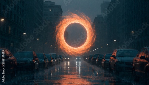 Mystical Fiery Portal Opens Above Rainy City Street Lined With Cars